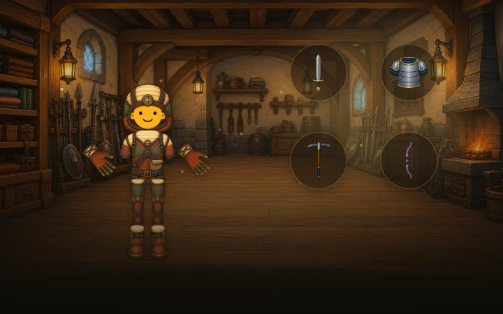 An adventurer presents trade goods in a guild hall — a sword, steel armor, a bow, and a rare pickaxe on display.