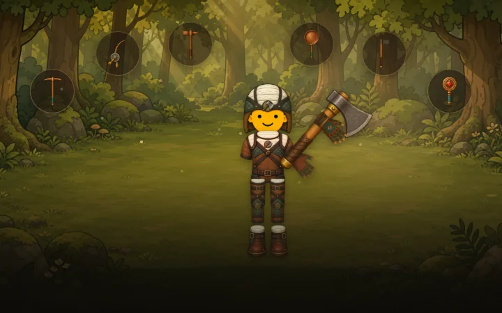 A woodcutter with an axe stands in a sunlit forest beneath a ring of floating skill tools — pickaxe, fishing rod, hammer, pan, hoe, and focus.